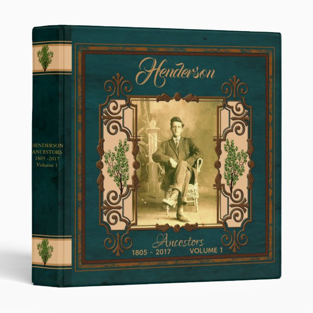 Vintage Cloth Pattern Teal Genealogy Binder (Front/Spine)