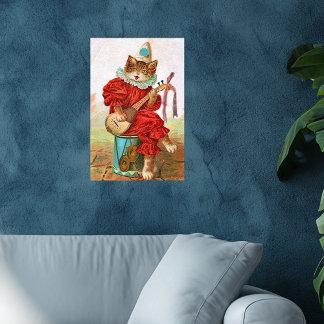 Vintage Clown Jester Musician Cat Mandolin Poster