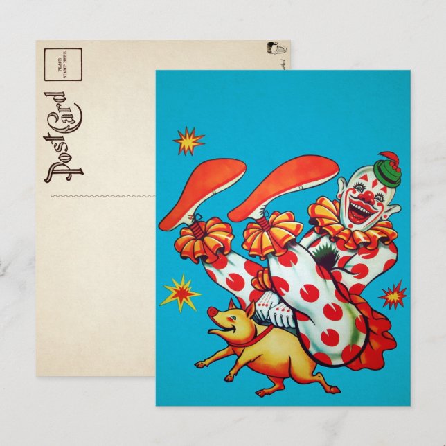 Vintage Clown Riding Pig Postcard (Front/Back)