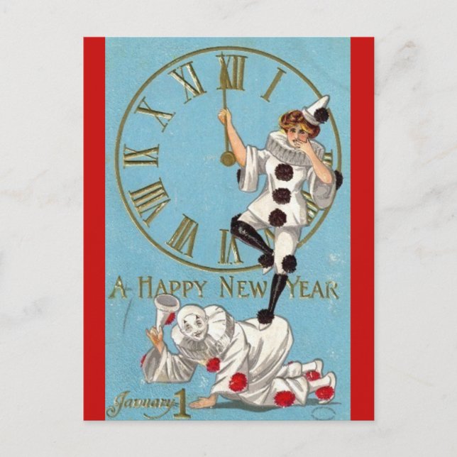 Vintage Clowns At Midnight Happy New Year Postcard (Front)
