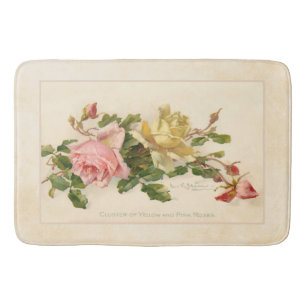 Vintage Cluster of Pink and Yellow Roses Bath Mat