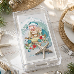 Vintage Coastal Christmas Beach Santa Watercolor Napkin
