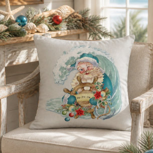 Vintage Coastal Christmas Beach Santa Watercolor Throw Pillow