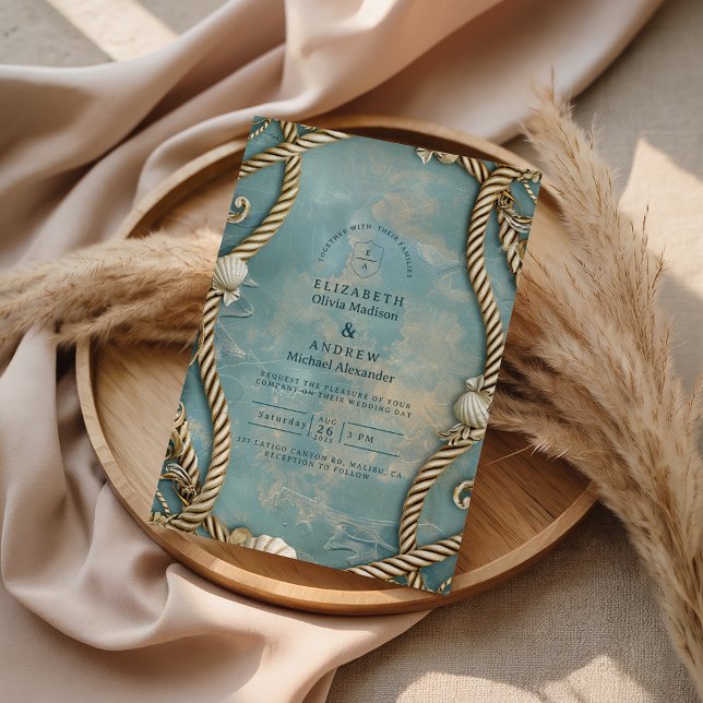 Vintage Coastal Rope Ocean Wedding Invitation (Creator Uploaded)