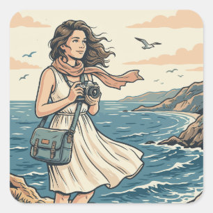 Vintage Coastal Travel Photography Poster Illustra Square Sticker
