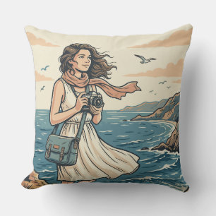 Vintage Coastal Travel Photography Poster Illustra Throw Pillow