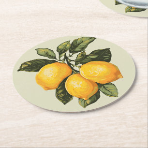Vintage Coastal Watercolor Lemon Round Paper Coaster