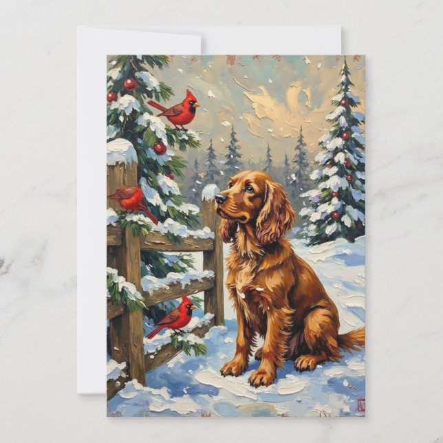 Vintage Cocker Spaniel and Cardinals Christmas Holiday Card (Front)