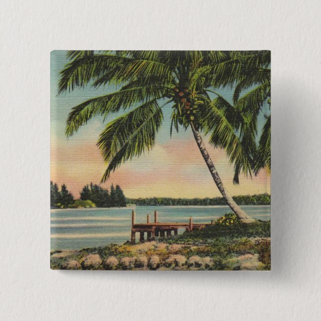 Vintage Coconut Palm Tree Tropical Breeze Sunset 2 Inch Square Button (Front)