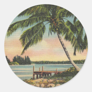 Vintage Coconut Palm Tree Tropical Breeze Sunset Classic Round Sticker