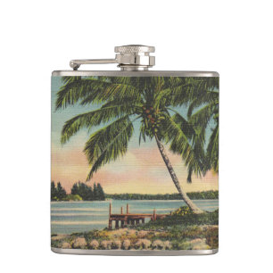 Vintage Coconut Palm Tree Tropical Breeze Sunset Hip Flask