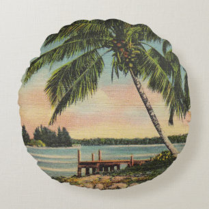 Vintage Coconut Palm Tree Tropical Breeze Sunset Round Pillow