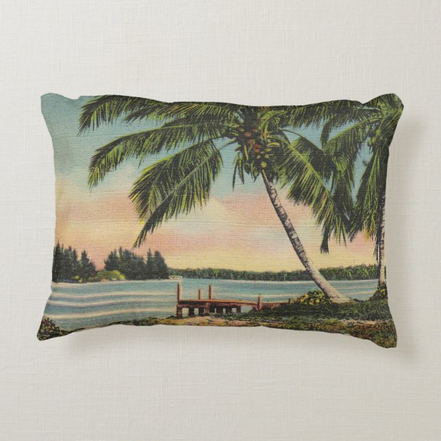 Vintage Coconut Palms Tropical Breeze Sunset Accent Pillow (Back)