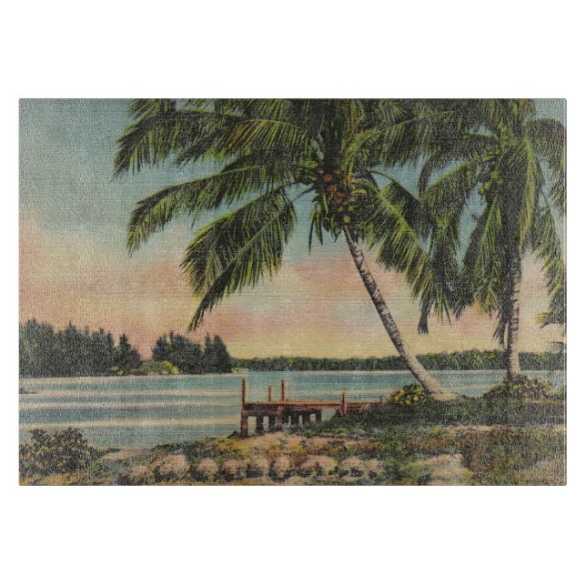 Vintage Coconut Palms Tropical Breeze Sunset Cutting Board (Front)