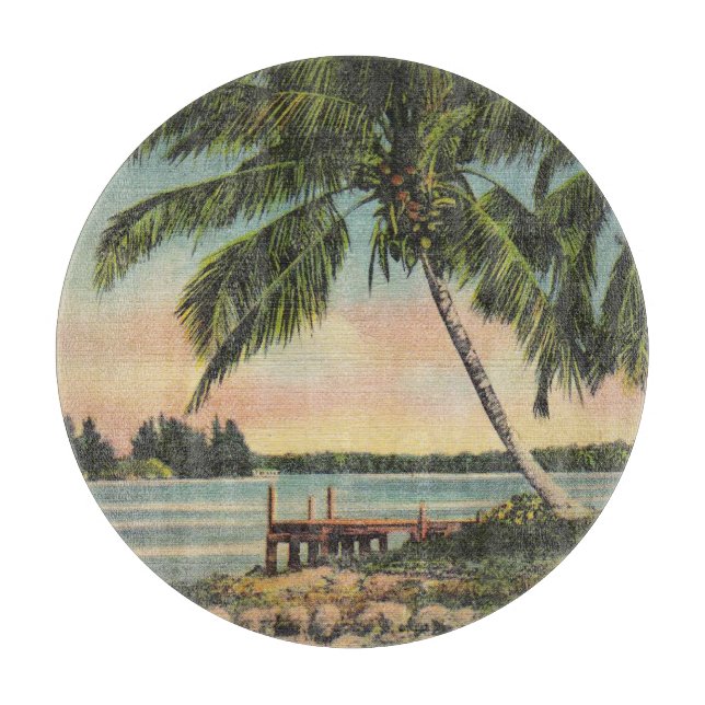Vintage Coconut Palms Tropical Breeze Sunset Cutting Board (Front)
