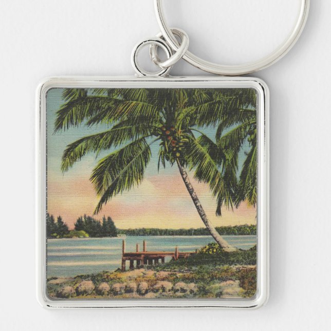 Vintage Coconut Palms Tropical Breeze Sunset Keychain (Front)