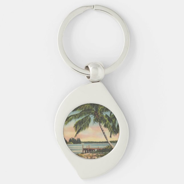 Vintage Coconut Palms Tropical Breeze Sunset Keychain (Front)