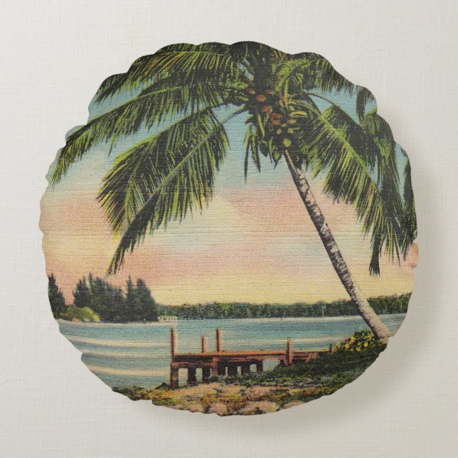 Vintage Coconut Palms Tropical Breeze Sunset Round Pillow (Front)