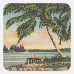 Vintage Coconut Palms Tropical Breeze Sunset Square Sticker