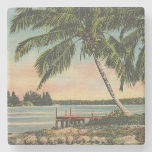 Vintage Coconut Palms Tropical Breeze Sunset Stone Coaster