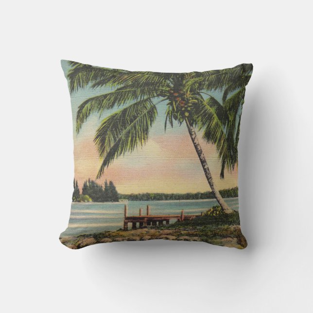Vintage Coconut Palms Tropical Breeze Sunset Throw Pillow (Front)