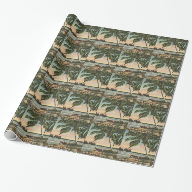 Vintage Coconut Palms Tropical Breeze Sunset Wrapping Paper (Unrolled)