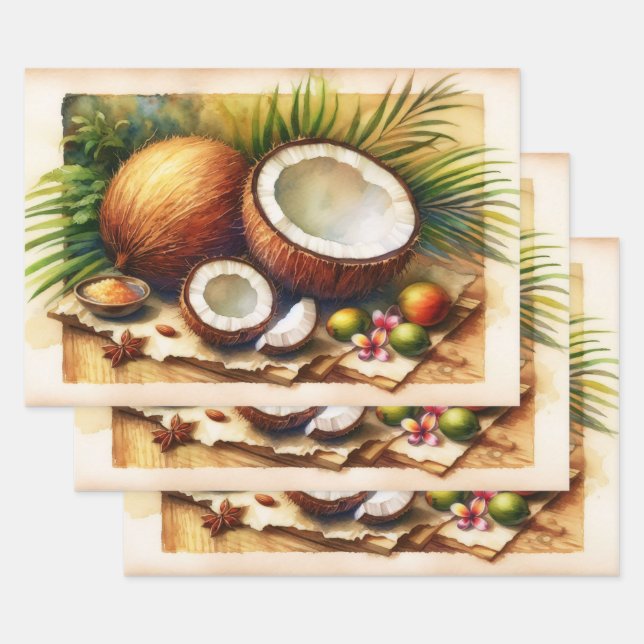 Vintage Coconut Tropical Decoupage Wrapping Paper Sheet (Set)