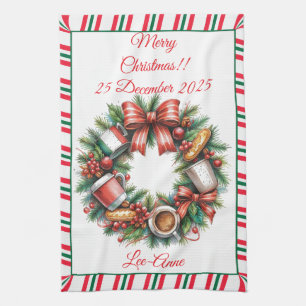 Vintage Coffee and biscotti Xmas wreath Kitchen Towel