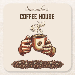 Vintage Coffee Cup Custom Cafe Brand Square Paper Coaster