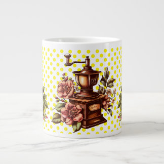 Vintage Coffee Grinders Yellow Polka Dots Large Coffee Mug