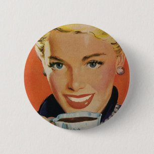 Vintage Coffee, Happy Woman with Retro Coffee Cup 2 Inch Round Button
