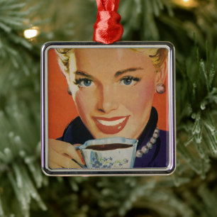 Vintage Coffee, Happy Woman with Retro Coffee Cup Metal Ornament