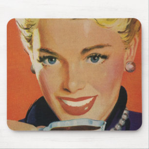 Vintage Coffee, Happy Woman with Retro Coffee Cup Mouse Pad
