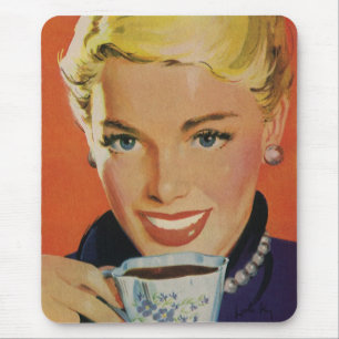 Vintage Coffee, Happy Woman with Retro Coffee Cup Mouse Pad