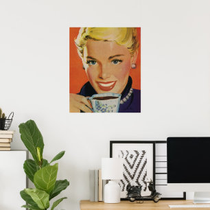 Vintage Coffee, Happy Woman with Retro Coffee Cup Poster