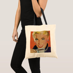 Vintage Coffee, Happy Woman with Retro Coffee Cup Tote Bag
