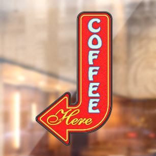 Vintage Coffee Here Left Arrow Window Cling