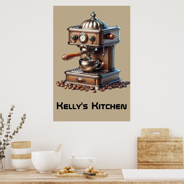 Vintage Coffee Machine with Custom Name Poster (Kitchen)
