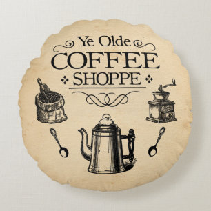 Vintage Coffee Shop Round Pillow