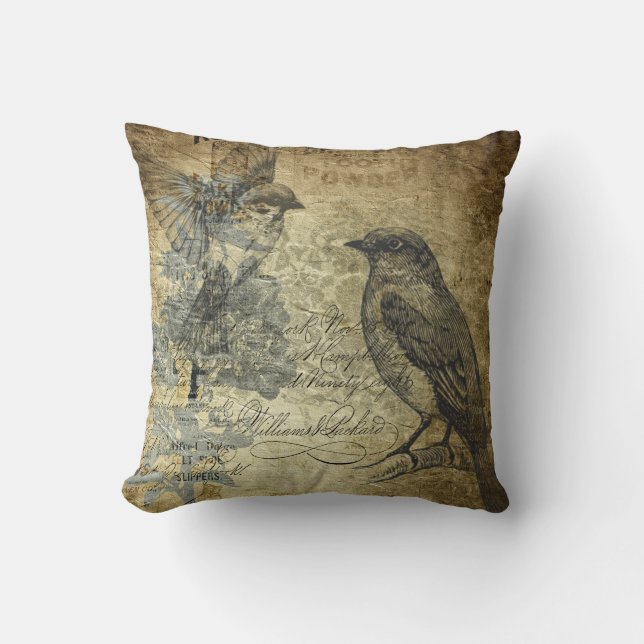 Vintage Collage Birds Throw Pillow (Front)