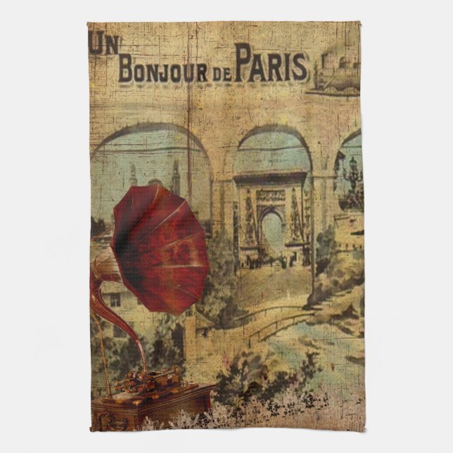 Vintage Collage, Bonjour de Paris Kitchen Towel (Vertical)