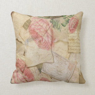 Vintage Collage, French Letters and Post Cards Throw Pillow