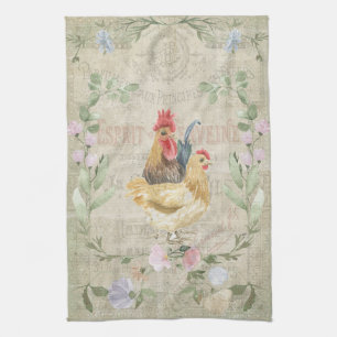 Vintage collage – roosters and flowers  kitchen towel