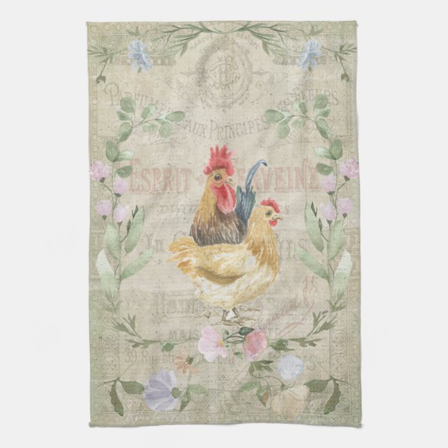 Vintage collage – roosters and flowers  kitchen towel (Vertical)