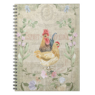 Vintage collage – roosters and flowers notebook