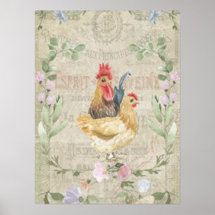 Vintage collage – roosters and flowers  poster