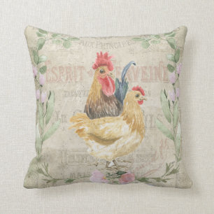 Vintage collage – roosters and flowers throw pillow