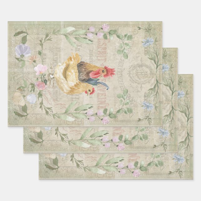 Vintage collage – roosters and flowers  wrapping paper sheet (Set)