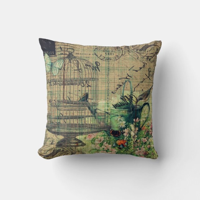 Vintage Collage w/Bird & Birdcage Garden Throw Pillow (Front)
