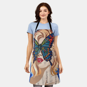 Vintage Collage Woman Portrait with Blue Butterfly Apron